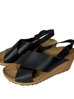 Papillio black leather cork wedge heels Sandals Narrow width women’s US 8 EU 39